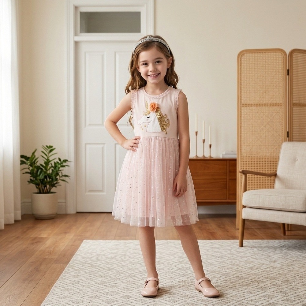 Unicorn Tutu Dress Pastel Pink Sparkle Star Balletcore Girls Size 5-6 Years